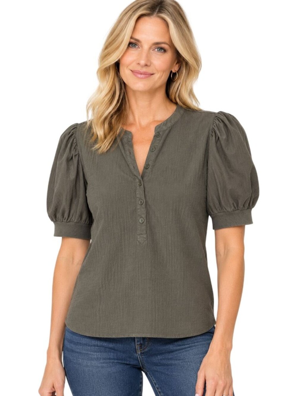 White House Black Market Poplin Puff Sieeve Henley Top Olive Pima Cotton Size M